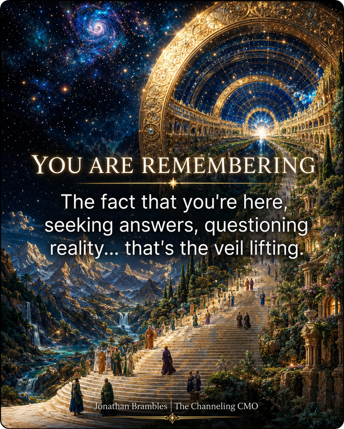 Cosmic archway with golden architecture and starfield — Sacred Marketing Systems